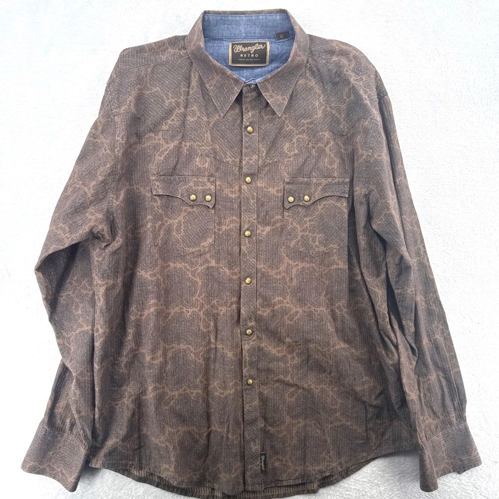 Wrangler Brown Paisley Western Shirt Mens XXL Retro Long Sleeve Snap Button Down